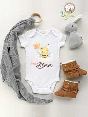 Limon  Baby Bee Desenli Organik Kısa Kol Çıtçıtlı Bebek Body