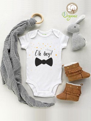 Limon Oh Boy Papyon Desenli Organik Kısa Kol Çıtçıtlı Bebek Body