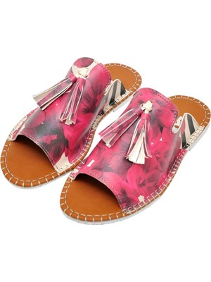 Kadın Vegan Deri Pembe Terlik - Flowers On My Shoes Tasarım