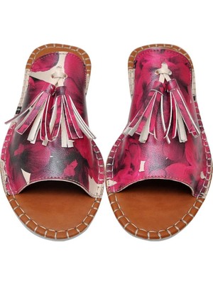 Kadın Vegan Deri Pembe Terlik - Flowers On My Shoes Tasarım