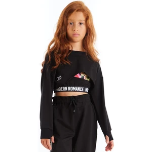 Kız Çocuk Uzun Kollu Nakışlı Basic Crop Üst Modern Tasarım Siyah