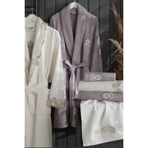 8 Parça Bambu Aile Bornoz Seti - Carusel Krem Gri