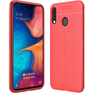 Case 4U A20 Kılıf Rugan Armor Deri Görünümlü Yüksek Kalite Silikon Niss Kırmızı