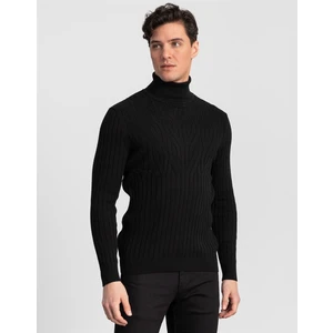 Tudors Balıkçı Yaka Desenli Siyah Kazak