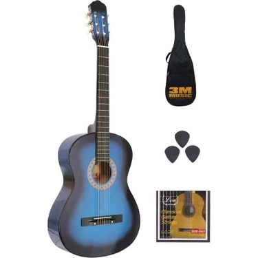 Lea 3M Music Klasik Gitar 4/4 Tam Boy Ihlamur Gövde Akçaağaç Sap Parlak Mavi Cila ve Zengin
