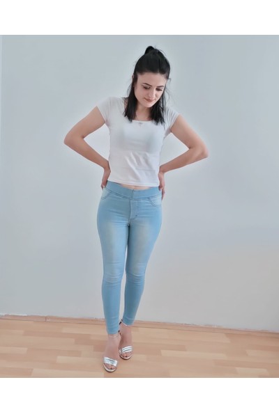 Kadın Buz Mavi Beli Lastikli Likralı Yüksel Bel Kot Pantolon