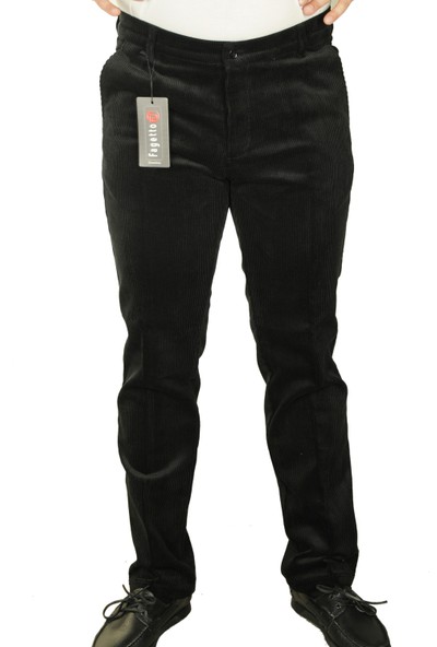 Fagetto Pantolon Erkek Siyah Kışlık Kadife 8 Fitil Yan Cep Klasik Kesim Pantolon