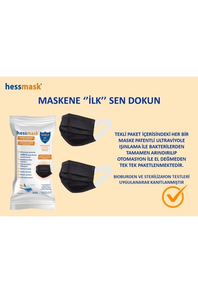 Hessmask 3 Katlı Steril Full Ultrasonik Tek Tek Paketlenmiş Siyah Telli Cerrahi Maske 250 Adet