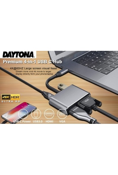 Daytona CF02 Macbook Uyumlu Type-C™ To 4K Ultra Hd 1080p Hdmı/ Vga/ Pd Şarj/ USB 3.0 4IN1 Çevirici Hub Adaptör