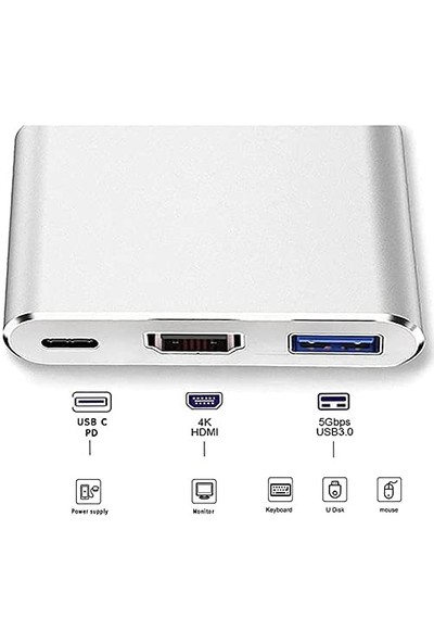 Daytona CF01 Macbook Uyumlu 4K Full HD 1080p Type C To 3 Portlu HDMI - USB 3.0 - PD Çevirici Hub Adaptör