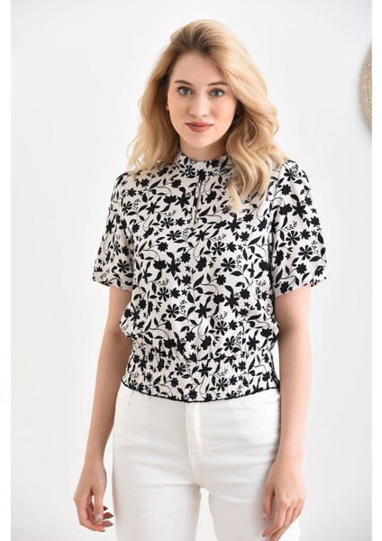 Kadın Çiçek Desenli Dik Yaka Kısa Kol Bluz fiyatları