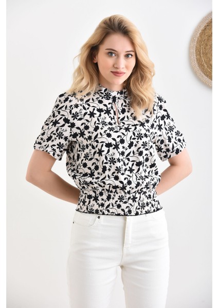 Kadın Çiçek Desenli Dik Yaka Kısa Kol Bluz indirimleri