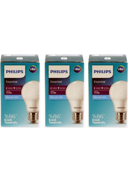 Essential LED Ampul 8W - 60W E27 Beyaz Işık 3 Adet