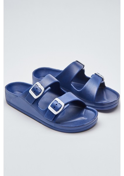 Bayan Lacivert Çift Bantlı Tokalı Terlik