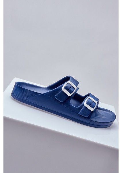 Bayan Lacivert Çift Bantlı Tokalı Terlik fırsatları