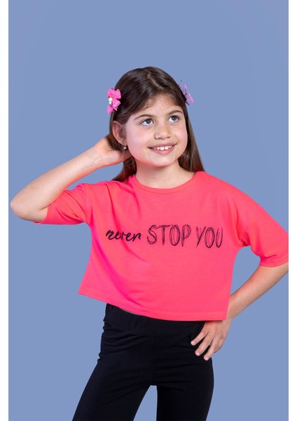 Toontoy Kız Çocuk Baskılı Düşük Kol Crop Tişört