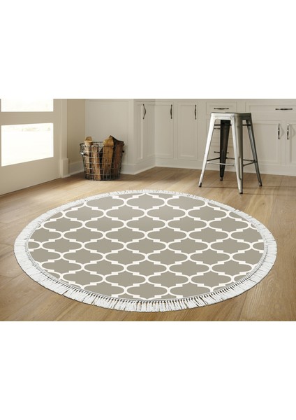 Inci Dijital Saçaklı Yıkanabilir Kaymaz Taban Halı Yuvarlak 2025 Vizon-Beyaz