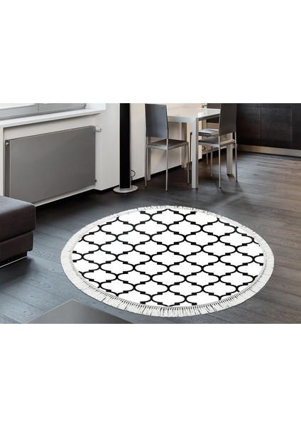 Inci Dijital Saçaklı Yıkanabilir Kaymaz Taban Halı Yuvarlak 2025 Beyaz-Siyah