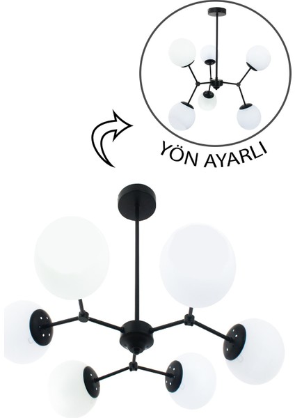 Taşcan Aydınlatma Sweet 6'lı Siyah Plafonyer Avize Beyaz Camlı