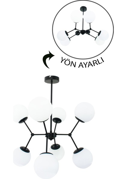 Sweet 8'li Siyah Plafonyer Avize Beyaz Camlı