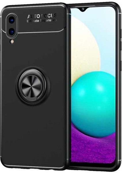 Samsung Galaxy A02 Kılıf Ultra Korumalı Yüzüklü Manyetik Ravel Silikon + Tam Kaplayan 5d Cam Ekran Koruyucu Siyah
