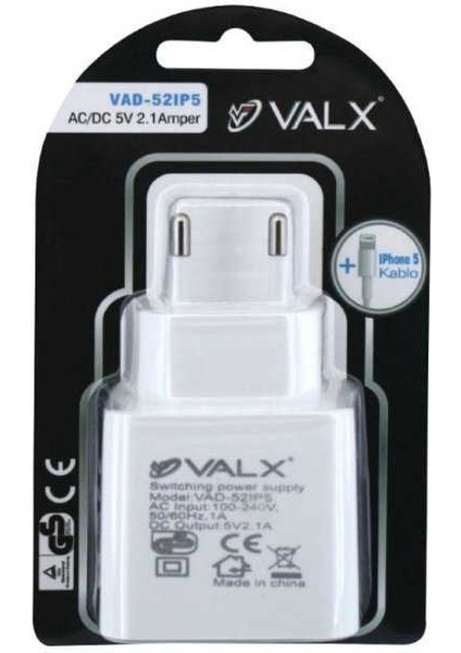 VAD-52IP5 5V 2.1A USB Adaptör+Iphone 5 Kablo