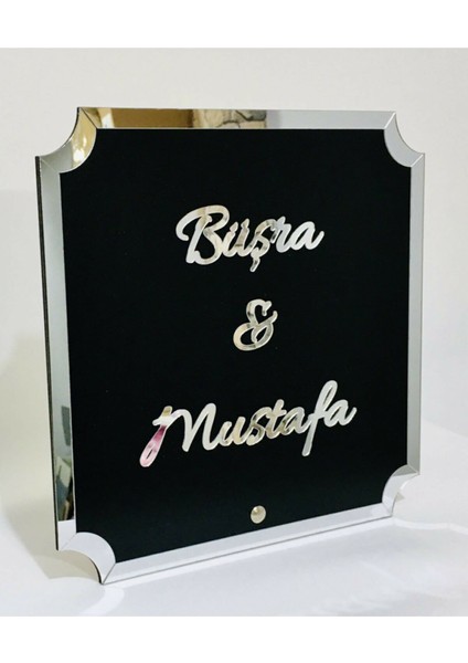Show Bazaar Kare Köşeli Masaüstü Pleksi Isimlik Düğün Kına Nişan Gümüş Aynalı Pleksi Isimlik