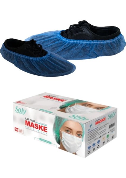 Tela Galoş Mavi Nonwoven 1000 Adet + Soly 3 Katlı Meltblown Beyaz Maske 50 Adet