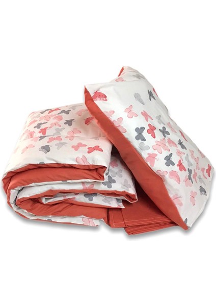 Pamuk Bebek/çocuk Yastık Çarşaf Yorgan Seti Kelebekli Desen/kiremit Renk