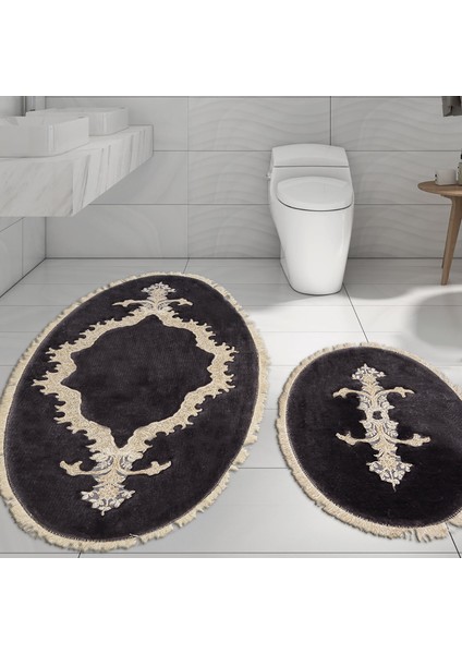 Sırma Welsoft Dantelli Saçaklı Oval Klozet Takımı 2 Pcs Antrasit