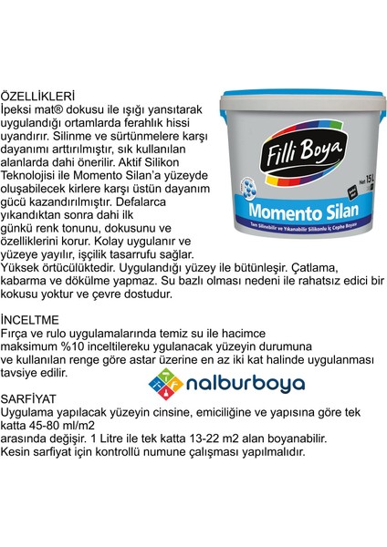 Momento Silan 15LT/20KG-TAM Silinebilir-Yıkanabilir-Su Bazlı-Silikonlu-Ipeksi Mat-Kokusuz modelleri