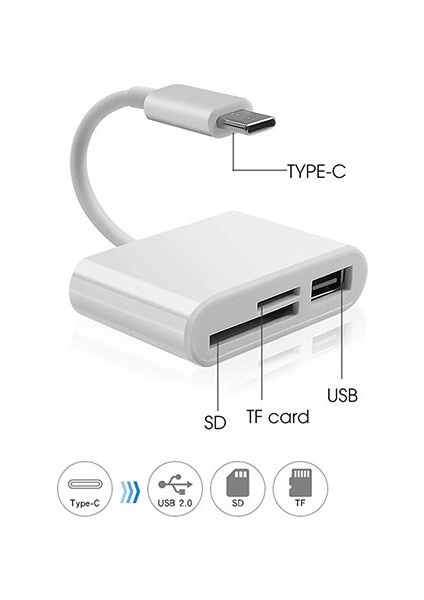 HY-XO50 Beyaz Typec To Usb2.0 + Sd + Tf Çevirici Adaptör