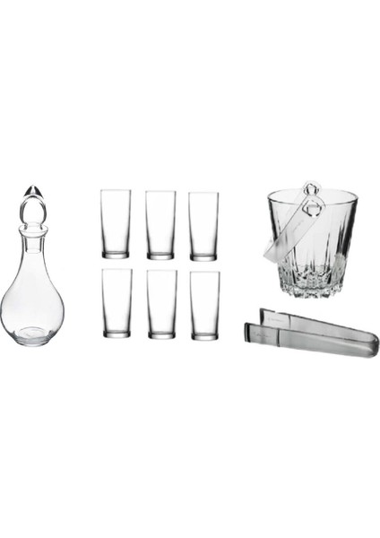Rakı Bardak ve 9 Parça Rakı Bardağı ve Buz Kovası Seti Su Şişeli