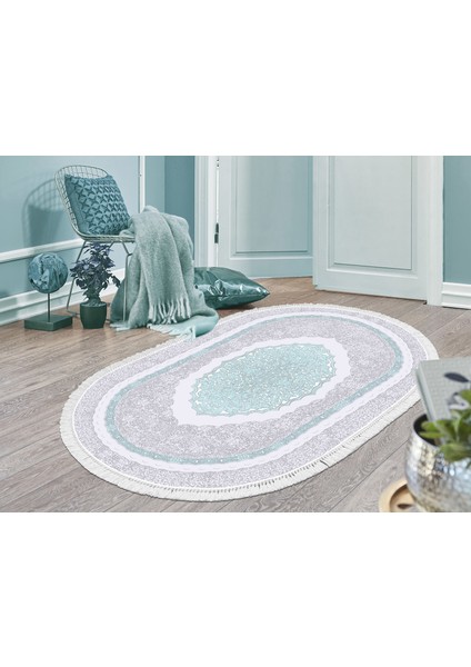 Inci Dijital Saçaklı Yıkanabilir Kaymaz Taban Halı Oval 1857 Desen 1