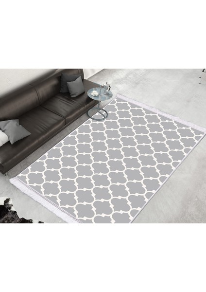 Inci Dijital Saçaklı Yıkanabilir Kaymaz Taban Halı 2025 Gri-Beyaz
