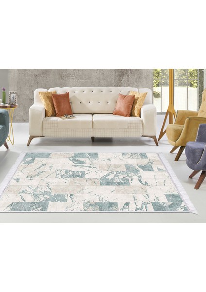 Inci Dijital Saçaklı Yıkanabilir Kaymaz Taban Halı 2087 Mavi