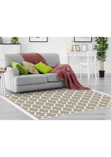 Inci Dijital Saçaklı Yıkanabilir Kaymaz Taban Halı 2025 Vizon-Beyaz