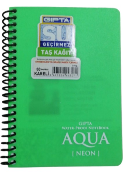 Yeşil Aqua Neon Su Geçirmez Taş Kağıt A6 80 Yaprak Kareli