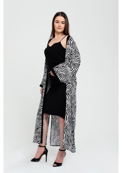 Kadın Zebra Desen Kemerli Uzun Kimono