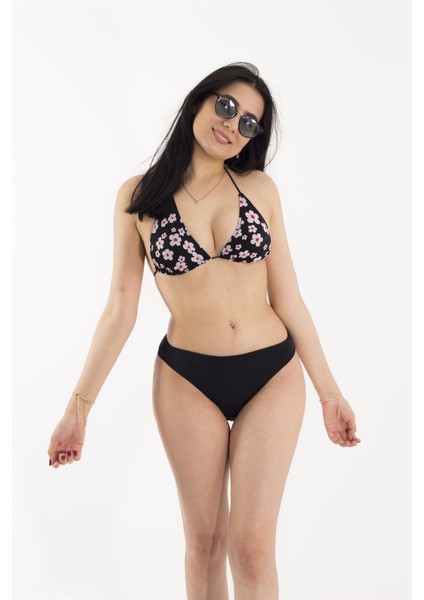 Papatya Tasarımlı Siyah Bikini Takım