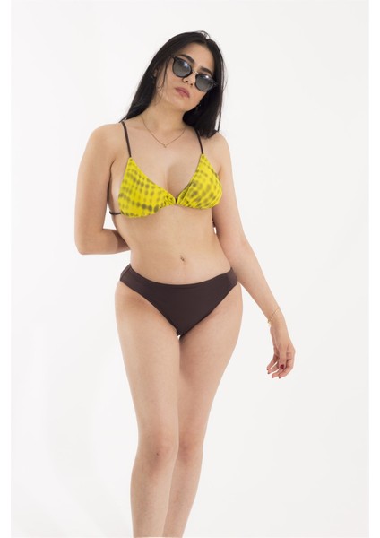 Sarı Kahverengi Tasarımlı Bikini Takım