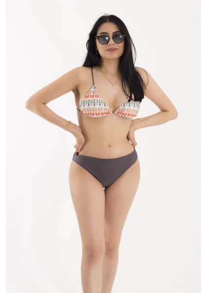 Renkli Geometrik Tasarımlı Kül Grisi Bikini Takım