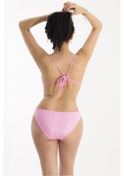 Beyaz Üzeri Çiçek Dalları Tasarımlı Pembe Bikini Takım modelleri
