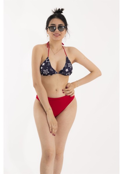 Yıldız Desenli Mavi Kırmızı Bikini Takım