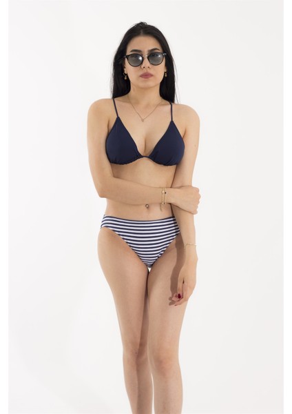 Bikini Altı Beyaz Çizgili Lacivert Bikini Takım