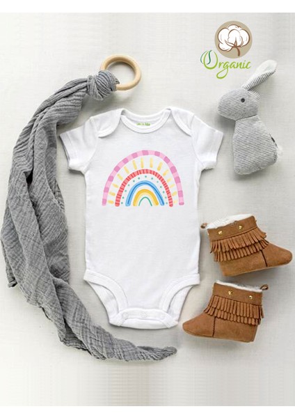 Baby Gökkuşağı Güneş Desenli Organik Kısa Kol Çıtçıtlı Bebek Body