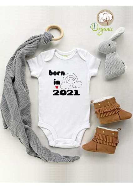 Born In 2021 Desenli Organik Kısa Kol Çıtçıtlı Bebek Body