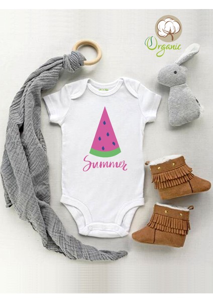 Summer Yaz Desenli Organik Kısa Kol Çıtçıtlı Bebek Body