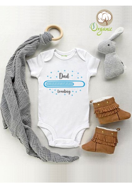 Dad Loading Desenli Organik Kısa Kol Çıtçıtlı Bebek Body