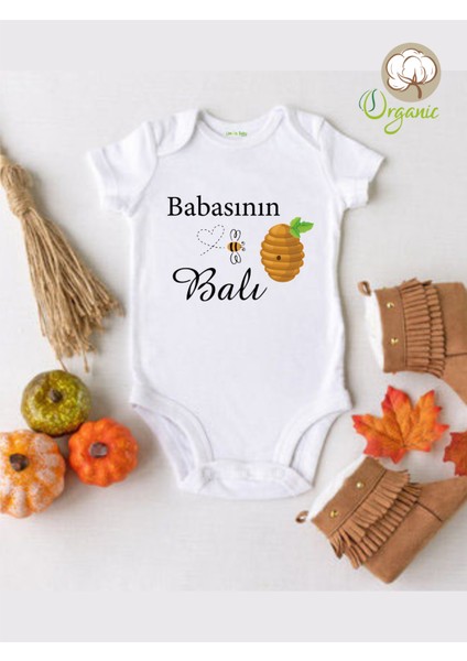 Babasının Balı Kovan Desenli Organik Kısa Kol Çıtçıtlı Bebek Body